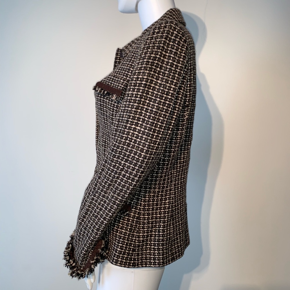 EUC Tahari brown tweed blazer raw fringe edges - Picture 3 of 8